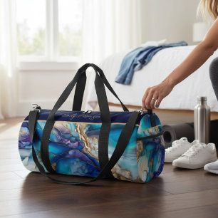 Modern Elegant Blue Gold Marble Personalised Name Duffle Bag