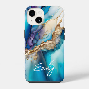 Modern Elegant Blue Gold Marble Personalised Name iPhone 14 Case