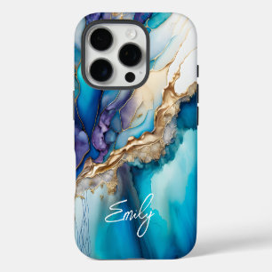 Modern Elegant Blue Gold Marble Personalised Name iPhone 16 Pro Case
