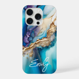 Modern Elegant Blue Gold Marble Personalised Name iPhone 15 Pro Case