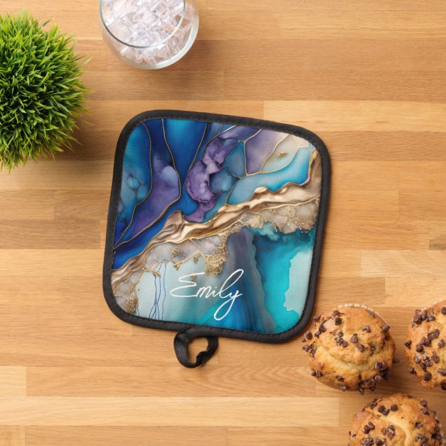 Modern Elegant Blue Gold Marble Personalised Name Pot Holder (Top Down)