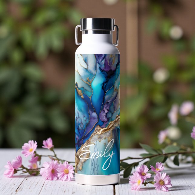 Modern Elegant Blue Gold Marble Personalised Name Water Bottle (Creator Uploaded)