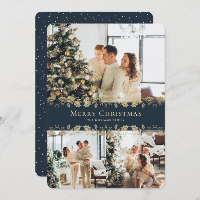 Modern Elegant Blue Gold Photo Merry Christmas Holiday Card (Front/Back)