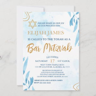 Modern Elegant Blue Gold Star of David Bar Mitzvah Invitation