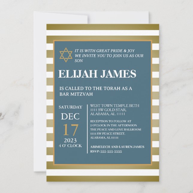 Modern Elegant Blue Gold Star of David Bar Mitzvah Invitation (Front)
