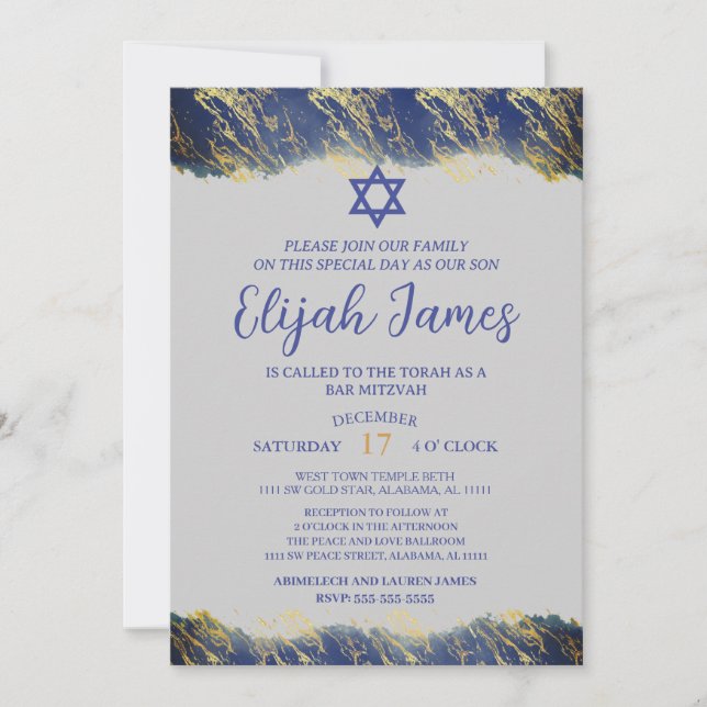 Modern Elegant Blue Gold Star of David Bar Mitzvah Invitation (Front)