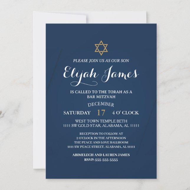 Modern Elegant Blue Gold Star of David Bar Mitzvah Invitation (Front)