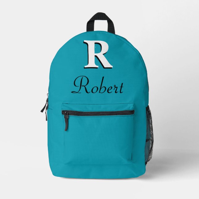 Modern Elegant Blue-Green Monogram Printed Backpack (Front)