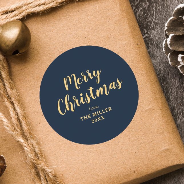 Modern Elegant Blue Merry Christmas Family  Classic Round Sticker (Creator Uploaded)