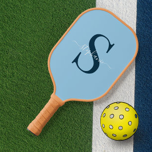 Modern Elegant Blue Monogram Initial + Name Pickleball Paddle