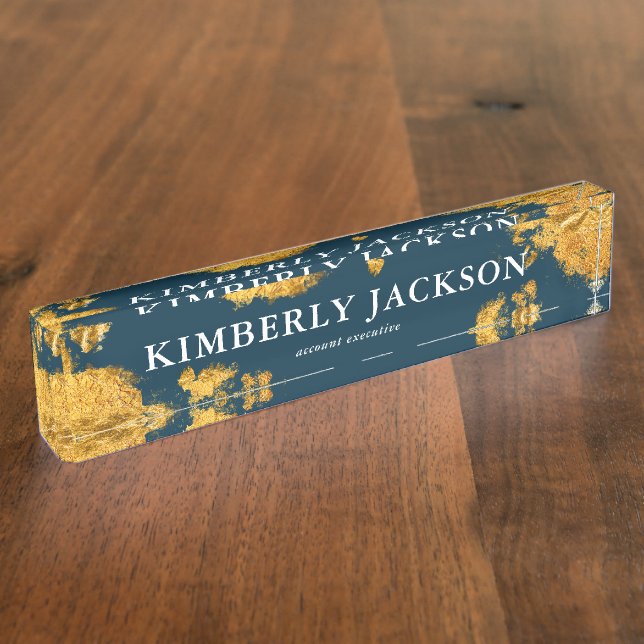 Modern Elegant Blue Navy Gold Desk Name Plate (Side)