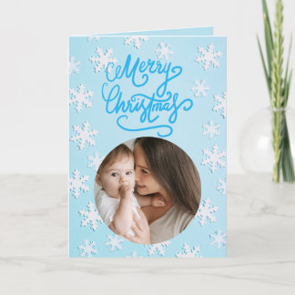 Modern Elegant blue Photo Collage Merry Christmas  Card