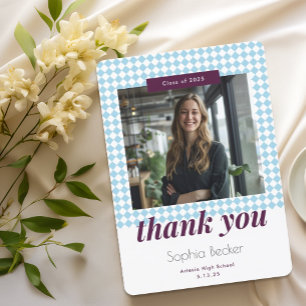 Modern Elegant Blue Photo Graduation Cap Pattern Thank You Card