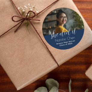 Modern Elegant Blue Photo Graduation  Classic Round Sticker