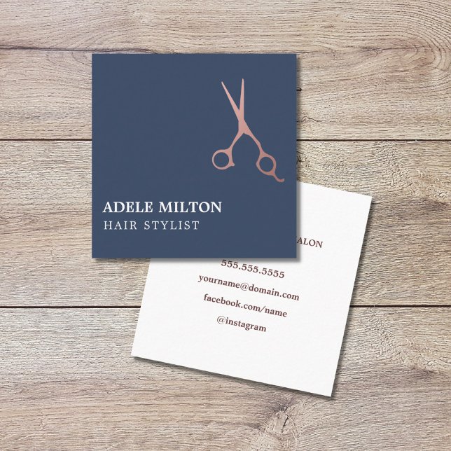 Modern Elegant Blue Rose Gold Hair Stylist Square Business Card (Creator Uploaded)