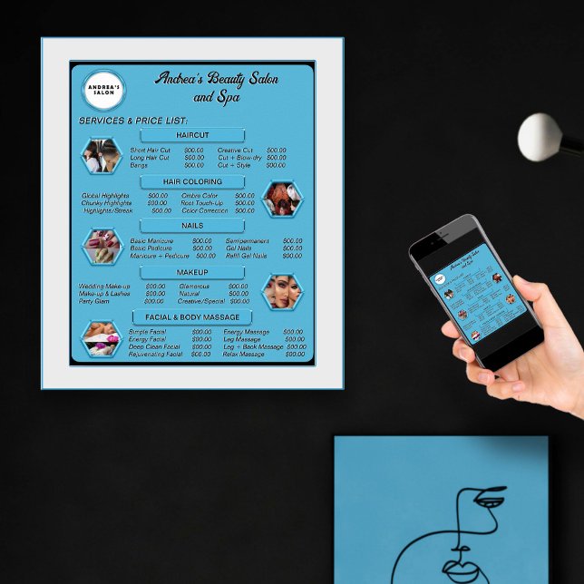 Modern Elegant Blue Salon Logo & Photos Price List Poster (Creator Uploaded)