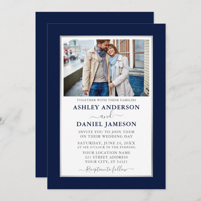 Modern Elegant Blue Silver Wedding Invitation (Front/Back)