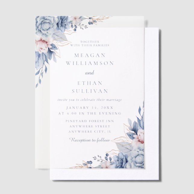 Modern Elegant Blue Watercolor Floral Wedding  Vellum Invitations (Offset)