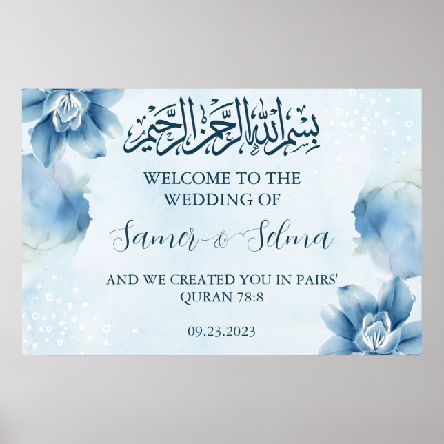 Modern Elegant Blue Welcome Muslim Wedding Poster (Front)