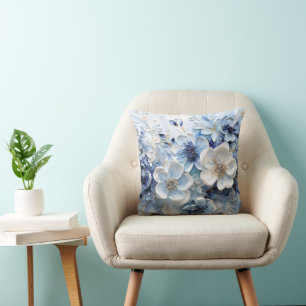 Modern Elegant Blue White Botanical Floral Cushion