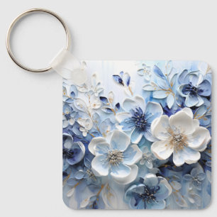 Modern Elegant Blue White Botanical Floral Key Ring