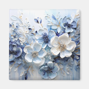 Modern Elegant Blue White Botanical Floral Magnet