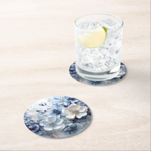 Modern Elegant Blue White Botanical Floral Round Paper Coaster