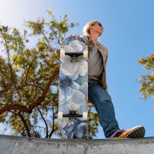 Modern Elegant Blue White Botanical Floral Skateboard