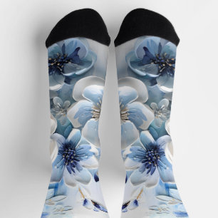 Modern Elegant Blue White Botanical Floral Socks