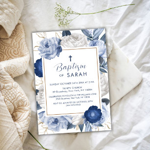 Modern Elegant Blue & White Flower Cross Baptism Invitation