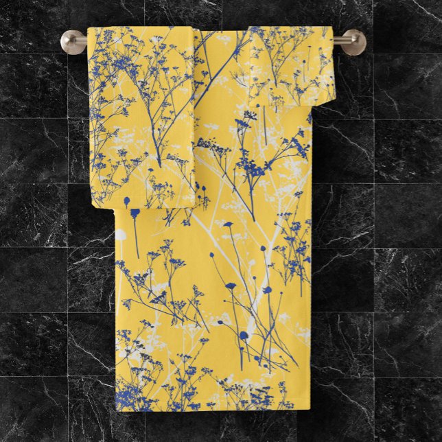 Modern Elegant Blue Wildflowers Mustard Yellow Bath Towel Set (Creator Uploaded)
