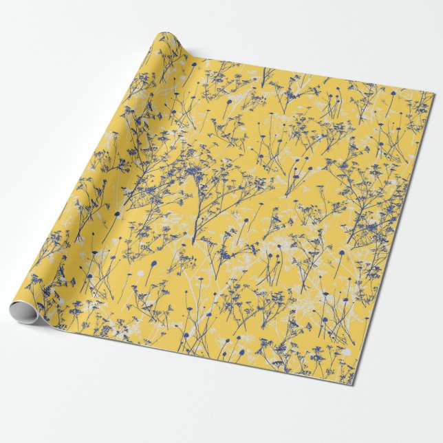 Modern Elegant Blue Wildflowers on Mustard Yellow  Wrapping Paper (Unrolled)