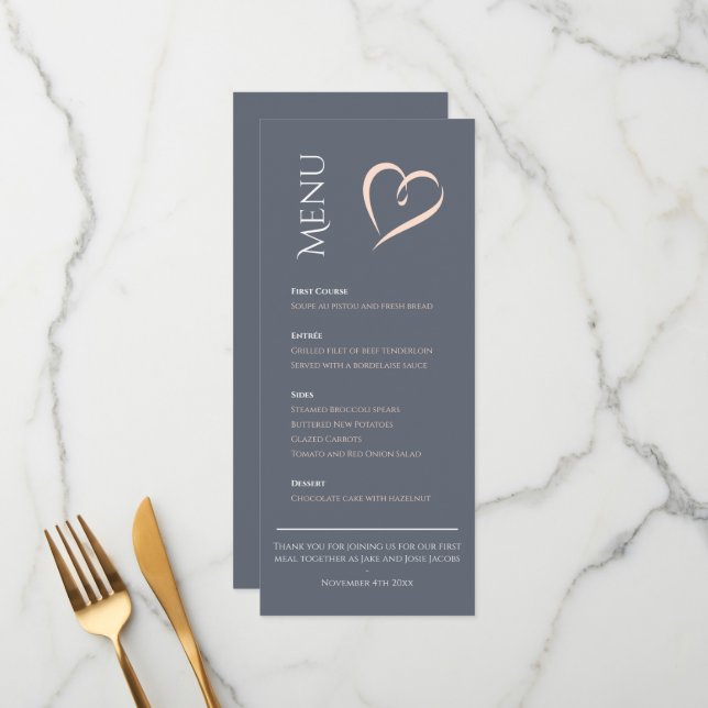 Modern elegant blue with pink heart table menu (Front/Back In Situ)