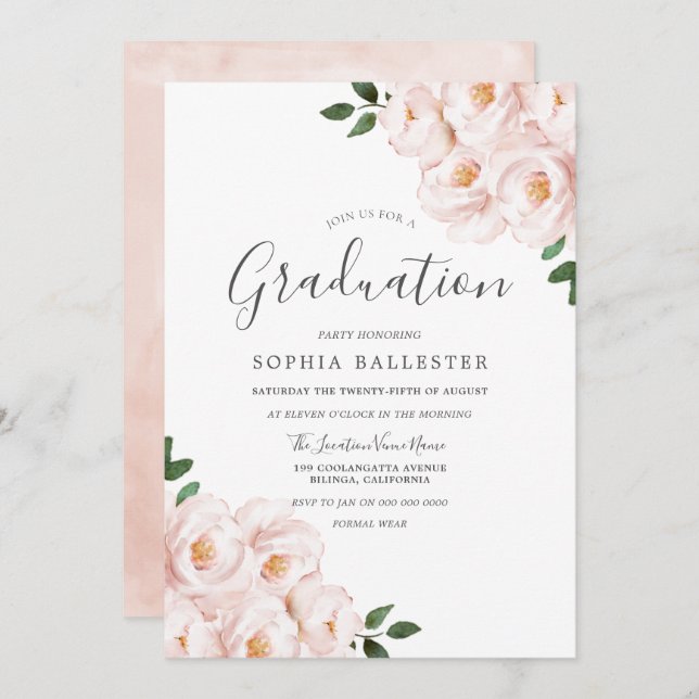 Modern Elegant Blush Flowers Graduation Party Invitation (Front/Back)