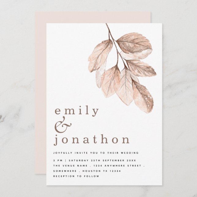Modern Elegant Blush Leaves Wedding Invitation (Front/Back)
