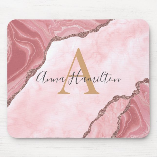 Modern Elegant Blush Pink Agate Geode Monogram Mou Mouse Pad (Front)