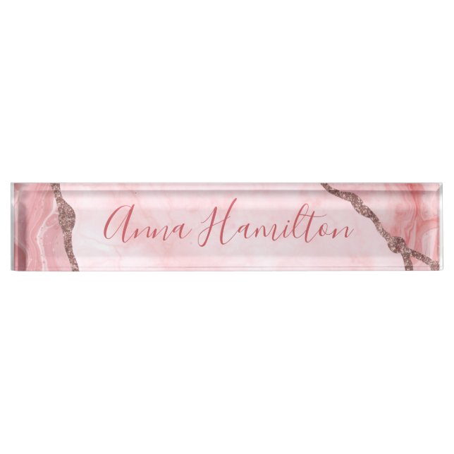 Modern Elegant Blush Pink Agate Geode Nameplate (Front)