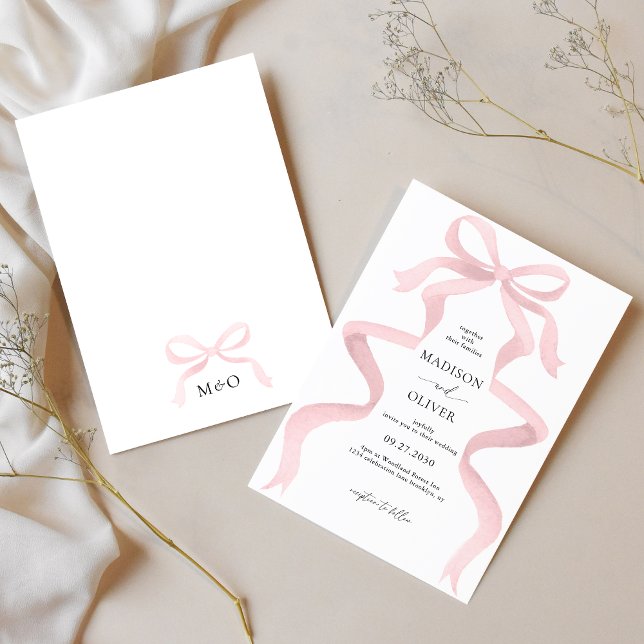 Modern Elegant Blush Pink Bow Monogram Wedding Invitation (Creator Uploaded)