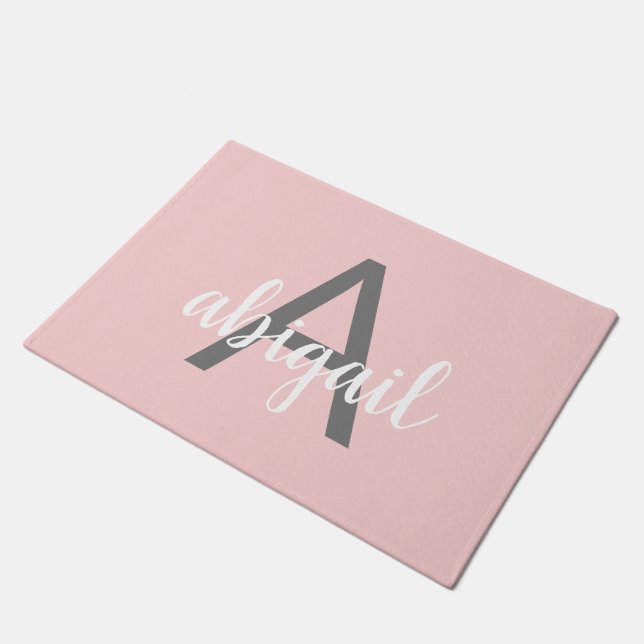 Modern Elegant Blush Pink Girly Grey Monogram Name Doormat (Angled)