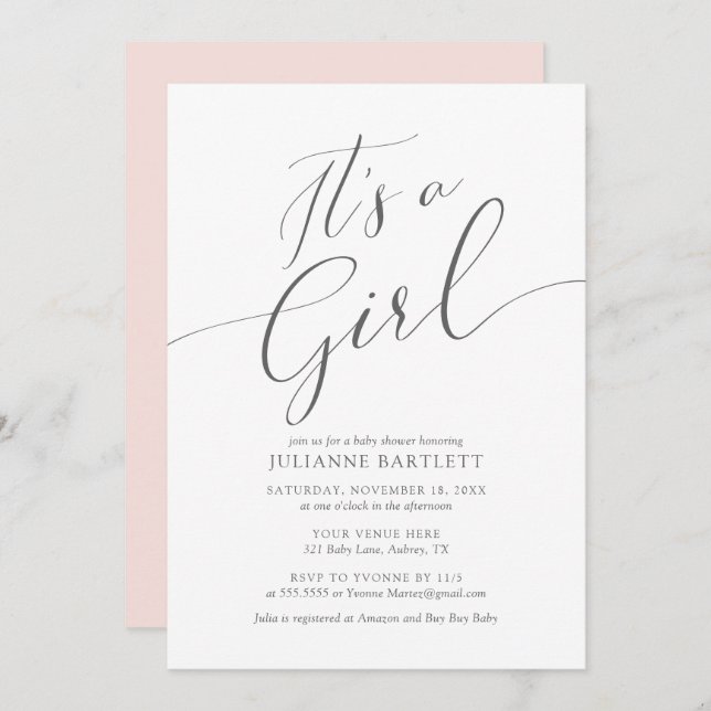 Modern Elegant Blush Pink Its a Girl Baby Shower Invitation (Front/Back)