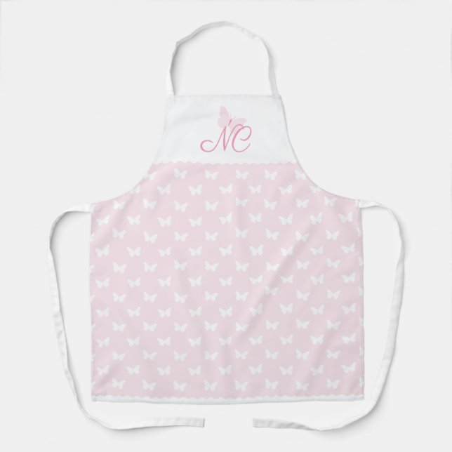 Modern Elegant Blush Pink Monogram Butterfly Apron (Front)