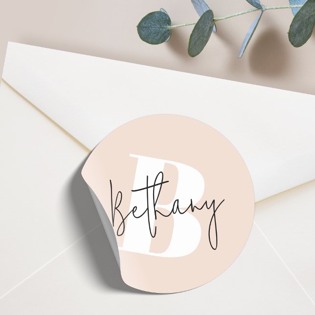 Modern Elegant Blush Pink Monogram Classic Round Sticker (Creator Uploaded)