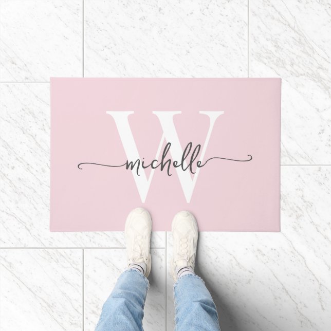 Modern Elegant Blush Pink Monogram Name Script Doormat (Indoor)