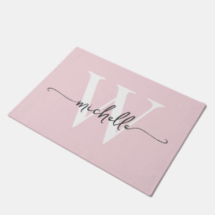 Modern Elegant Blush Pink Monogram Name Script Doormat