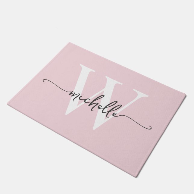 Modern Elegant Blush Pink Monogram Name Script Doormat (Angled)