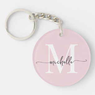 Modern Elegant Blush Pink Monogram Name Script Key Ring