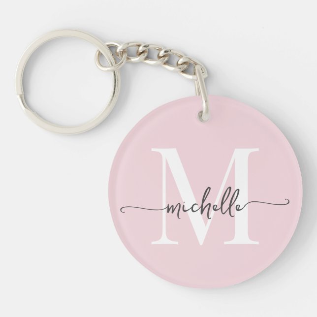Modern Elegant Blush Pink Monogram Name Script Key Ring (Front)