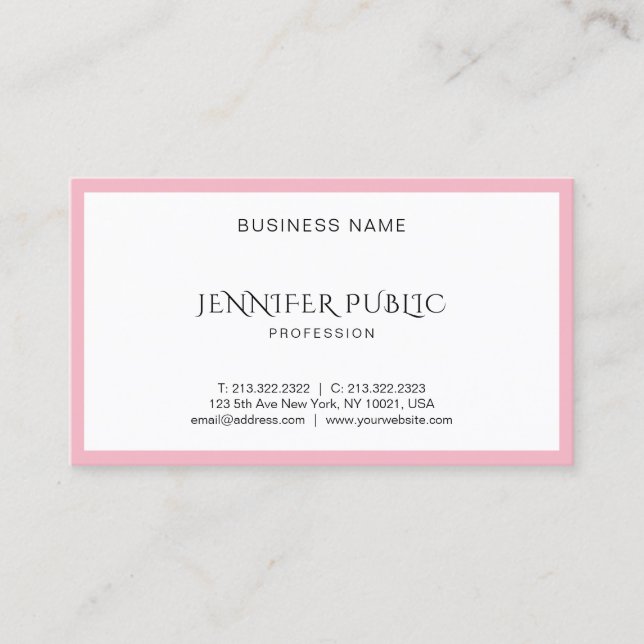 Modern Elegant Blush Pink White Clean Template Top Business Card (Front)