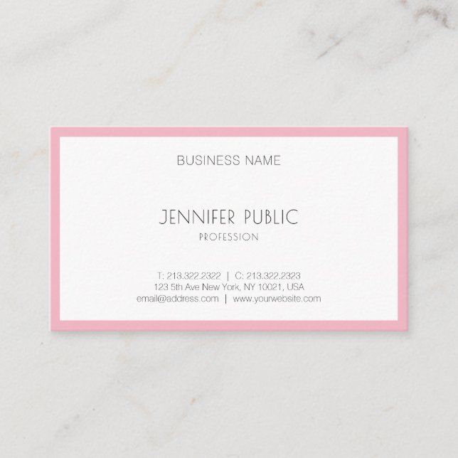 Modern Elegant Blush Pink White Cute Template Top Business Card (Front)
