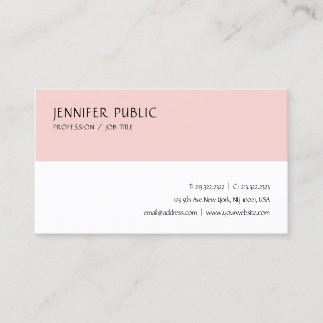 Modern Elegant Blush Pink White Simple Template Business Card (Front)
